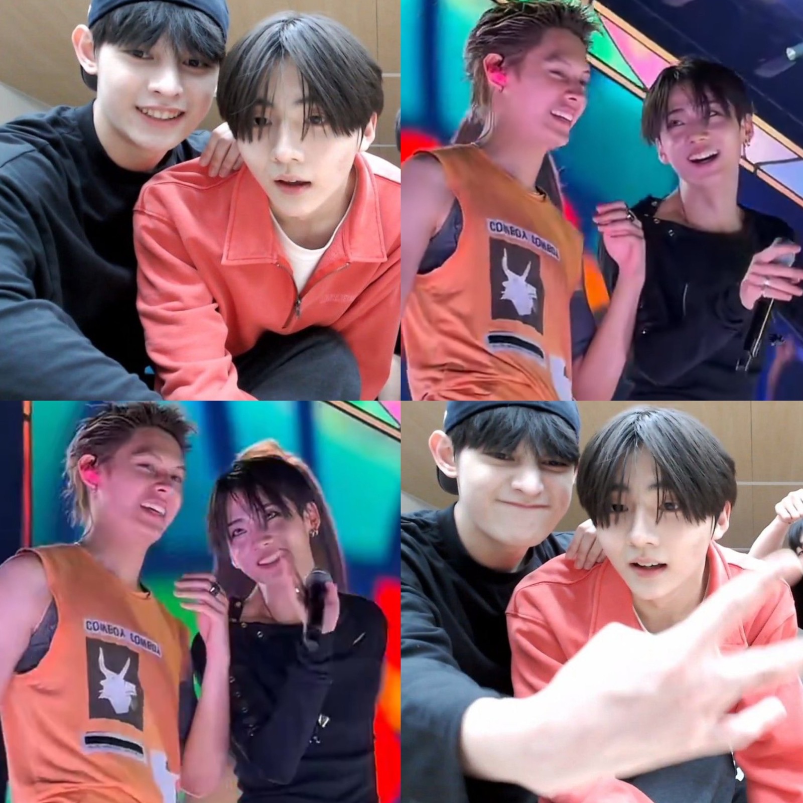 A four panel collage of James and Sangwon together as trainees and later on stage